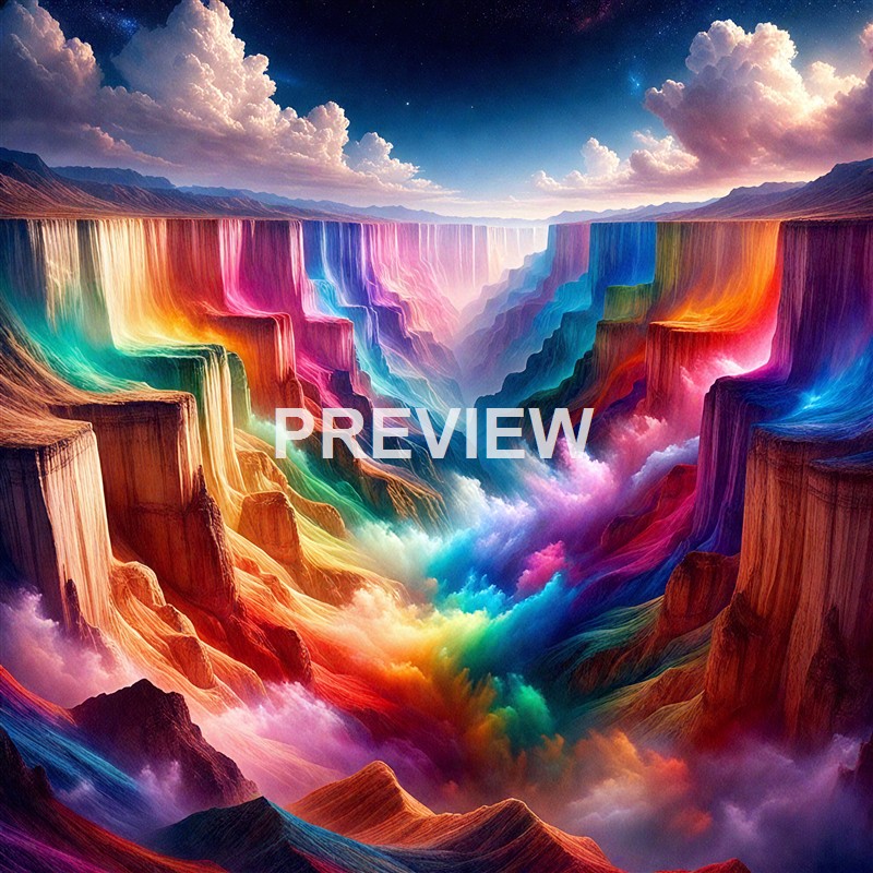 A surreal, brightly colored landscape featuring a canyon with rainbow-colored waterfalls cascading into a misty, vibrant valley under a dramatic sky with clouds and stars.